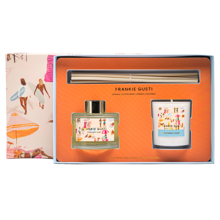 Frankie Gusti perfume and candle set with packaging on a white background