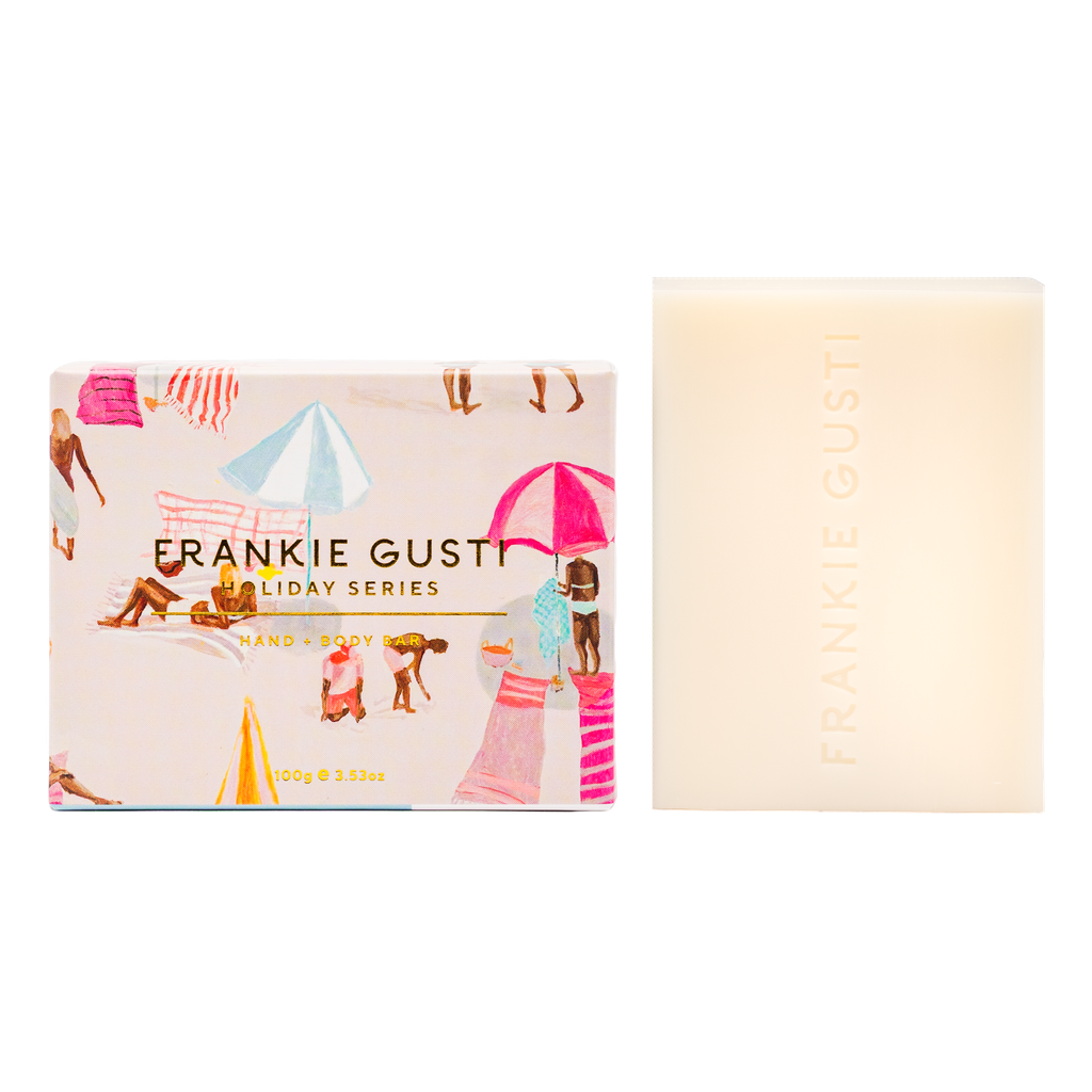 Bar of soap with Frankie Gusti soap with packaging on a white background