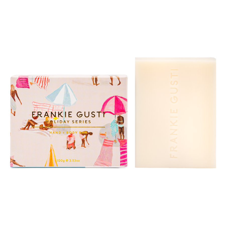 Bar of soap with Frankie Gusti soap with packaging on a white background