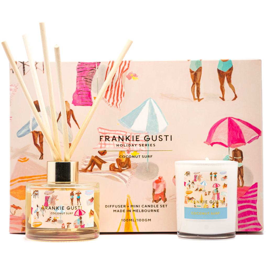 Diffuser and mini candle set by Frankie Gusti with a beach-themed design on a white background.