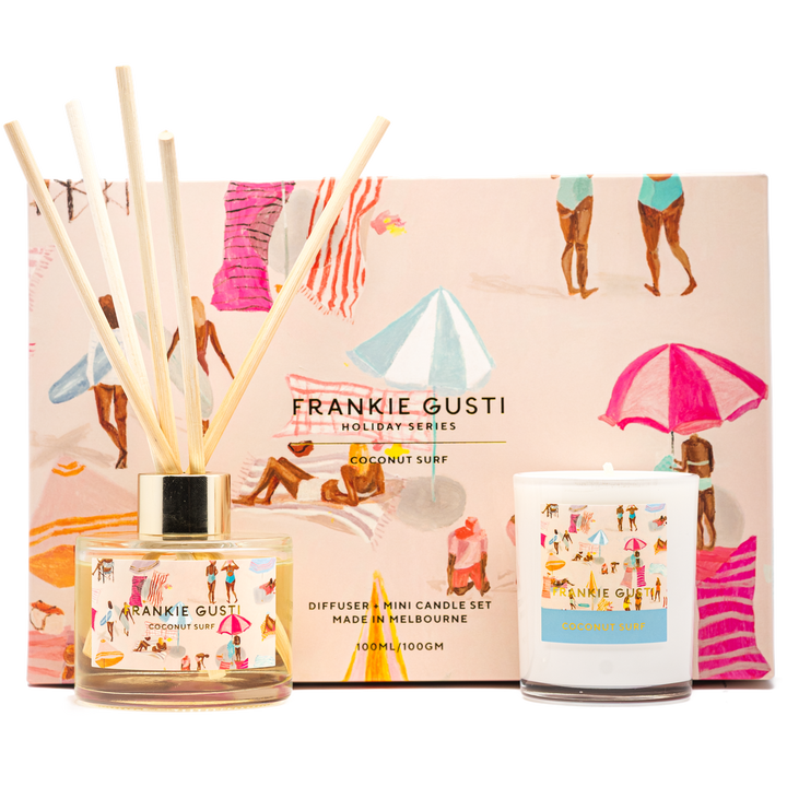 Diffuser and mini candle set by Frankie Gusti with a beach-themed design on a white background.