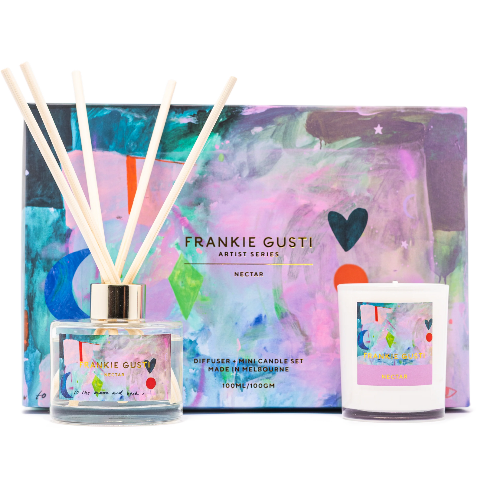 Diffuser and mini candle set by Frankie Gusti with colorful packaging on a white background