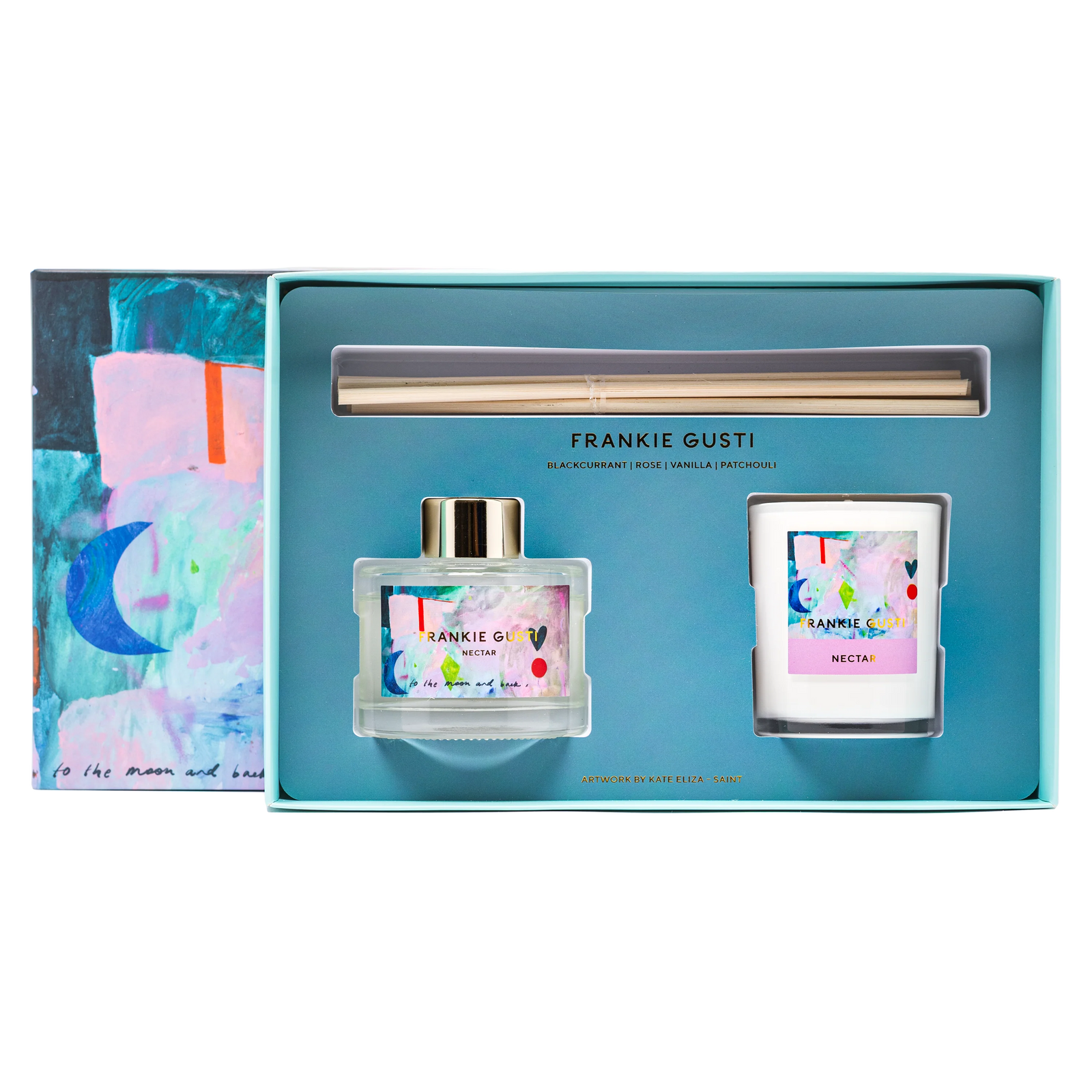 Frankie Gusti perfume and candle set in a blue box with colorful design