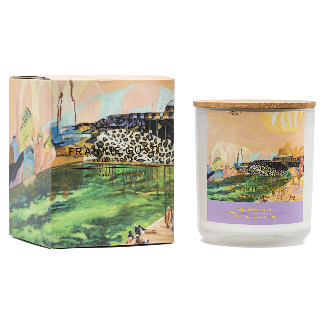 Frankie Gusti candle and box with artist design on white background 