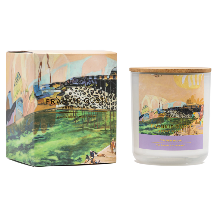 Frankie Gusti candle and box with artist design on white background 