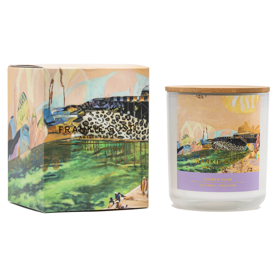 Frankie Gusti candle and box with artist design on white background 