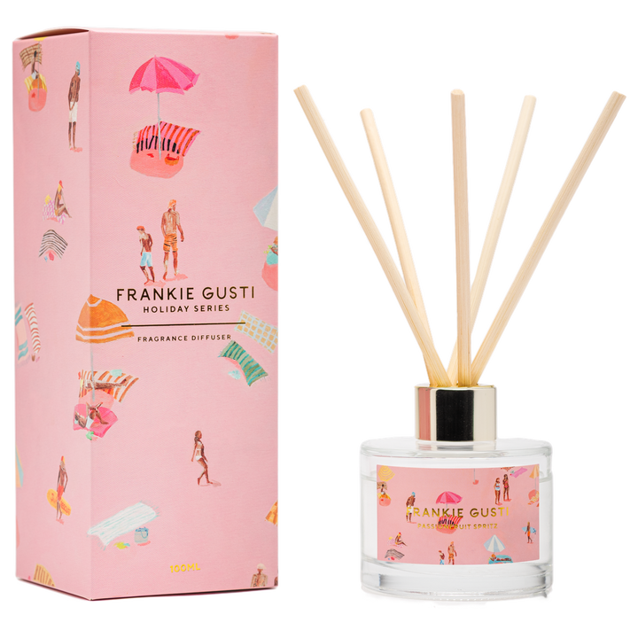 Frankie Gusti fragrance diffuser with pink packaging featuring beach-themed illustrations.