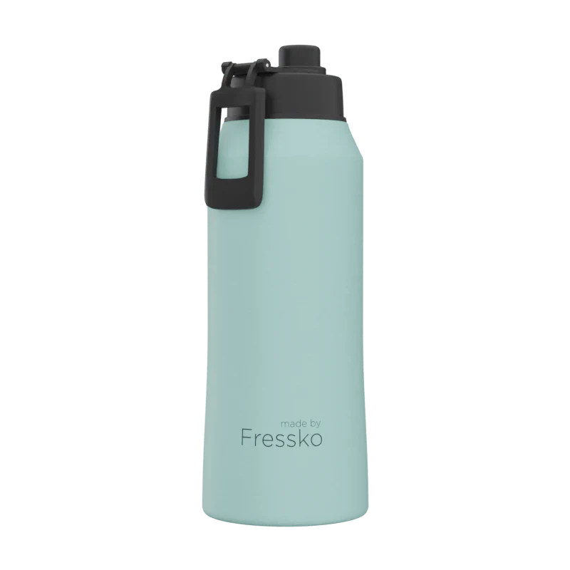 Light blue water bottle with black cap on a white background, branded &