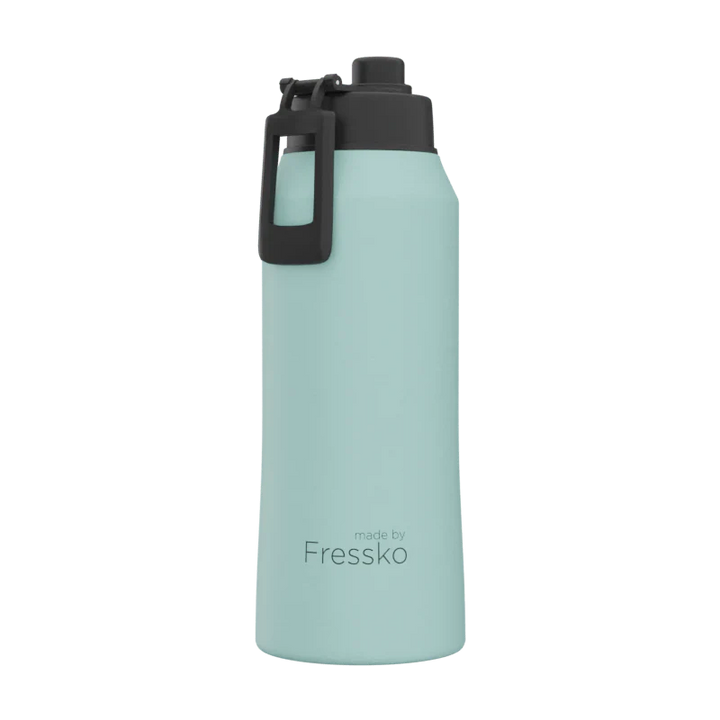 Light blue water bottle with black cap on a white background, branded &