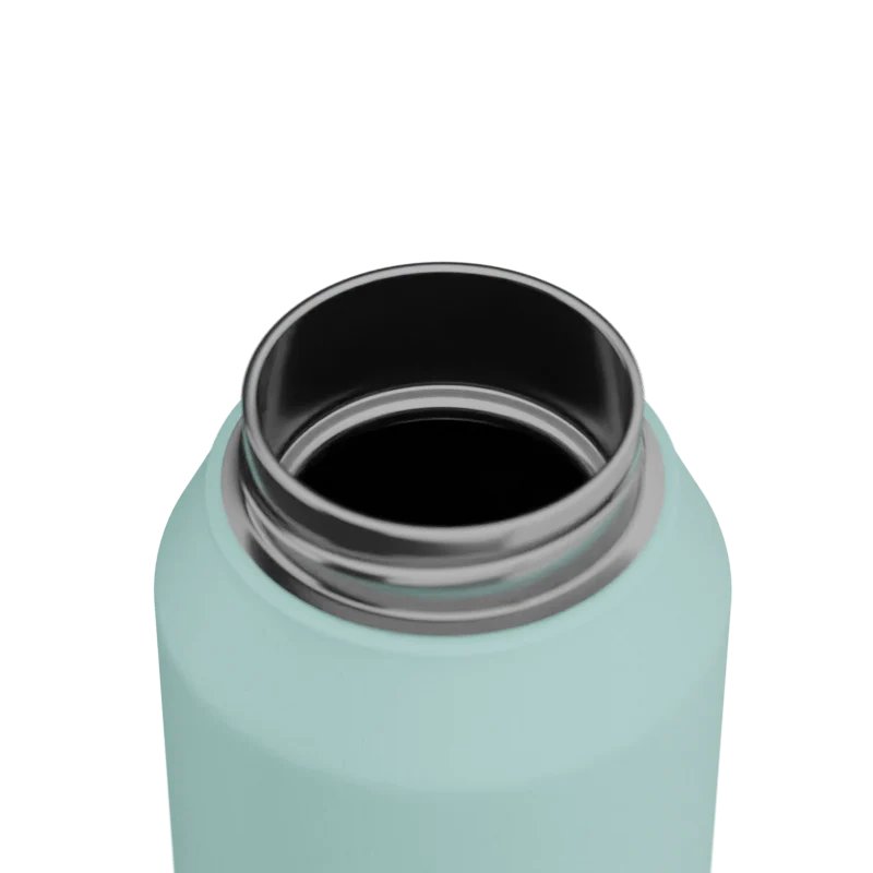 Close-up of a light blue water bottle with a black interior on a white background