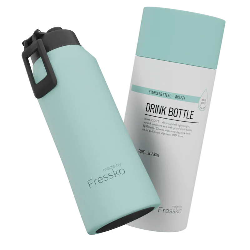 Mint green and white drink bottles with &