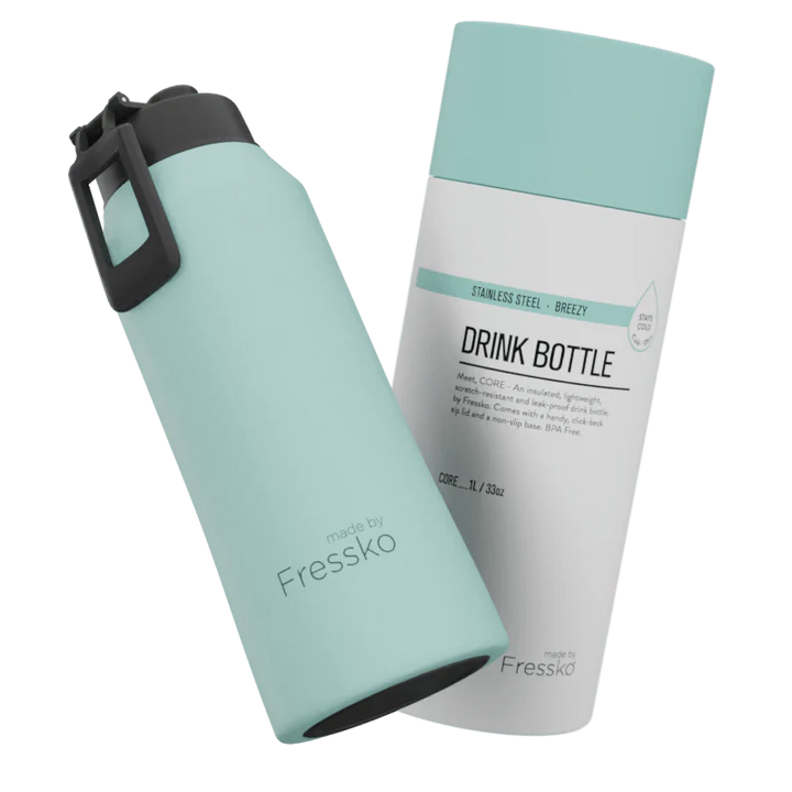 Mint green and white drink bottles with &