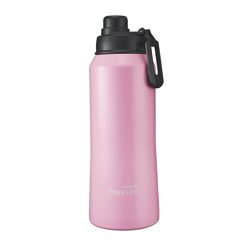 Pink water bottle with black cap on a white background