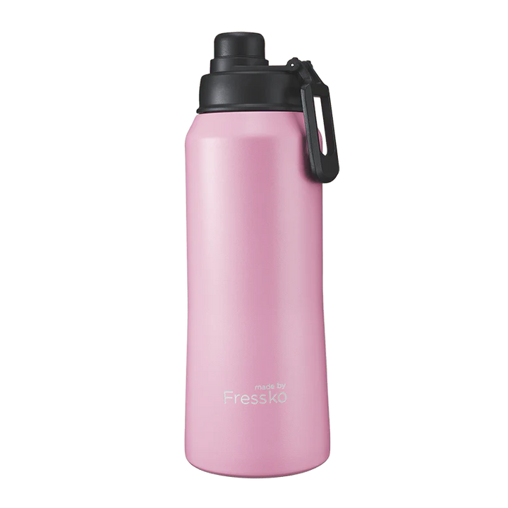 Pink water bottle with black cap on a white background