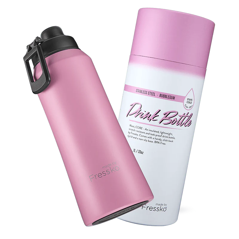 Pink stainless steel water bottle with black cap and white label on a white background