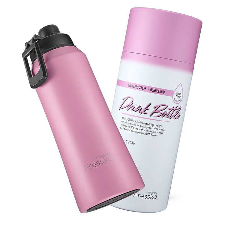 Pink stainless steel water bottle with black cap and white label on a white background