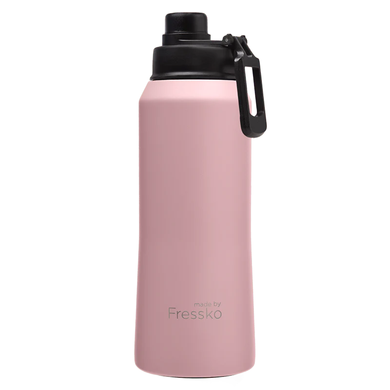 Pink water bottle with black cap on a white background, branded &
