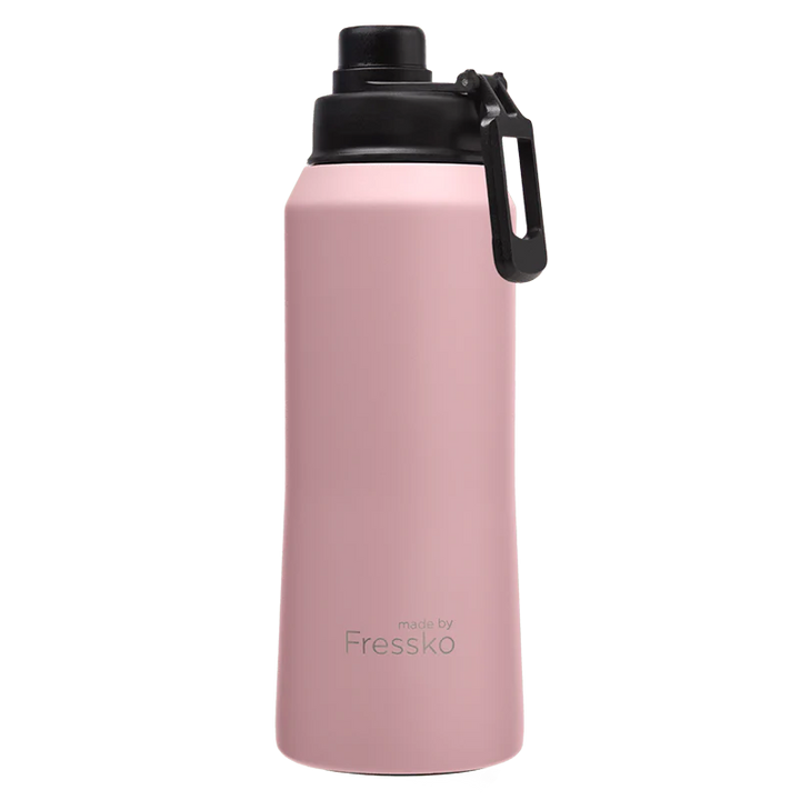 Pink water bottle with black cap on a white background, branded &