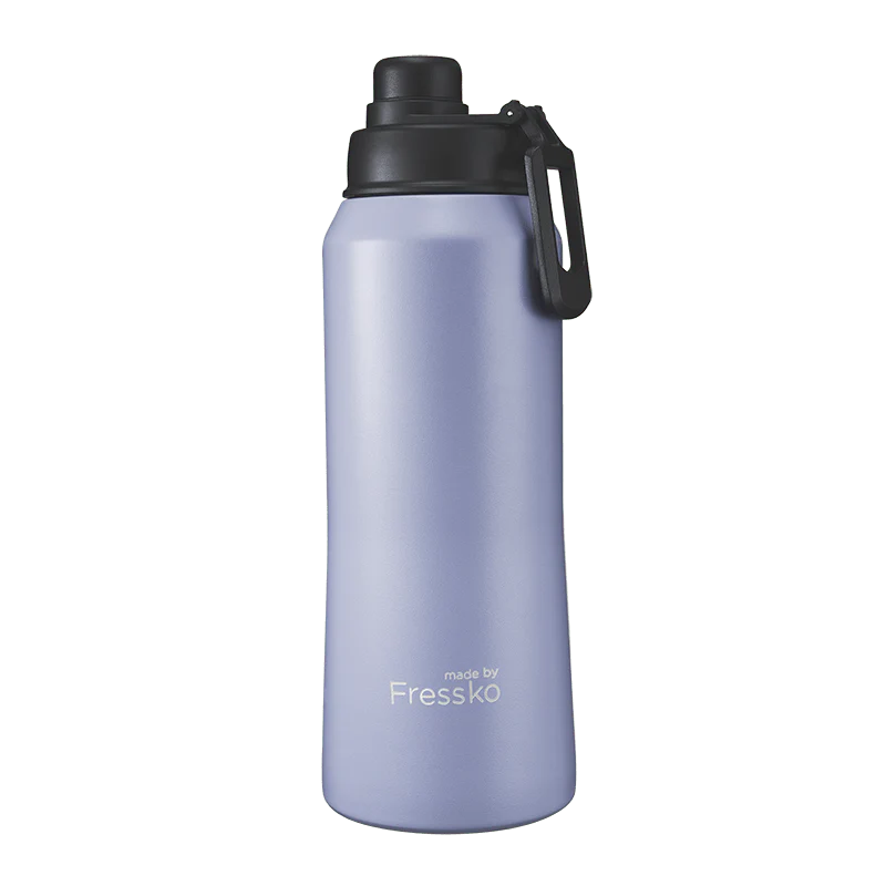 Purple water bottle with black cap on a white background