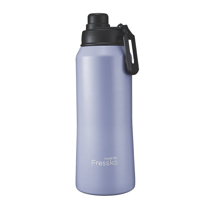 Purple water bottle with black cap on a white background