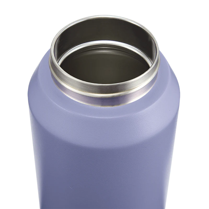 Close-up of a purple insulated bottle with a silver interior on a white background