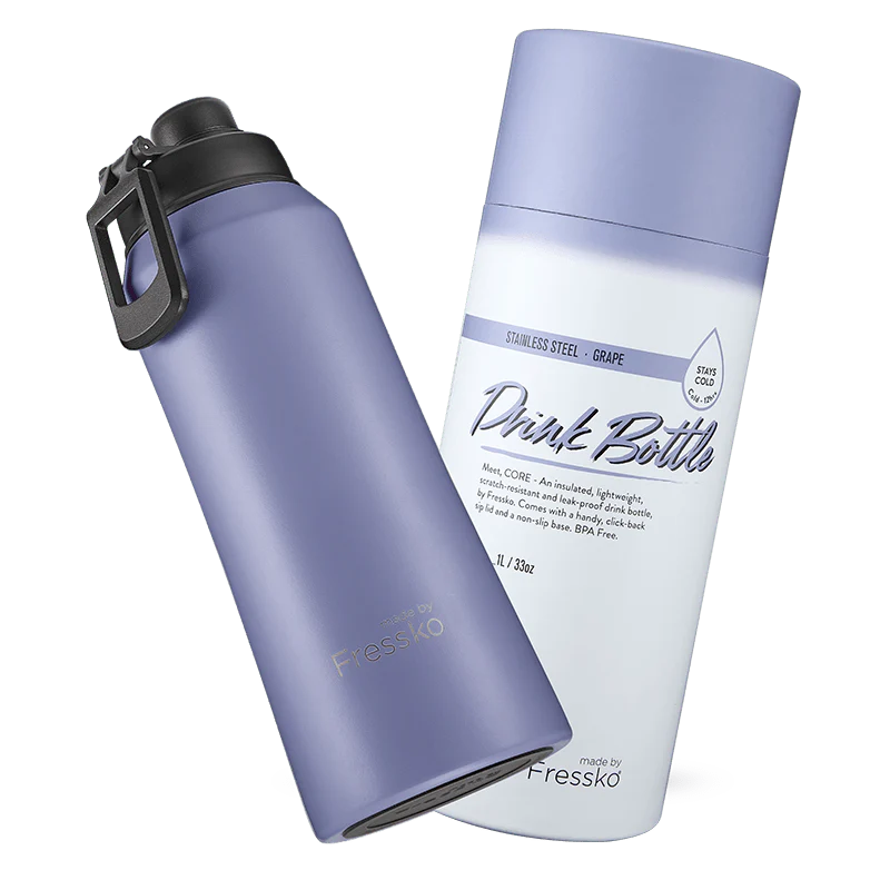 Purple water bottle with black cap and white label on a white background