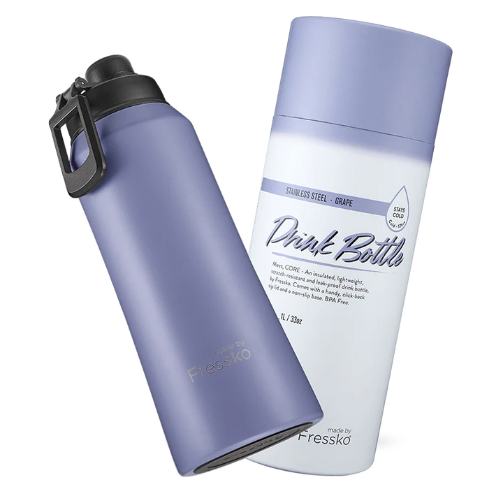 Purple water bottle with black cap and white label on a white background
