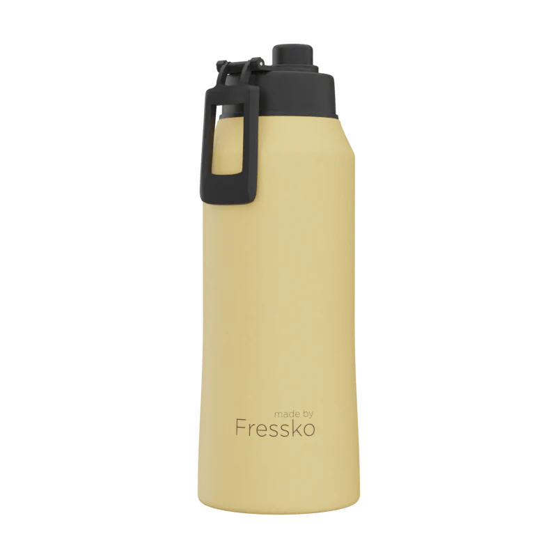 Yellow water bottle with black cap on a white background, branded &