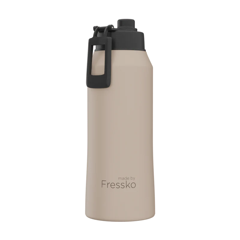 Beige water bottle with black cap and handle on a white background, branded &