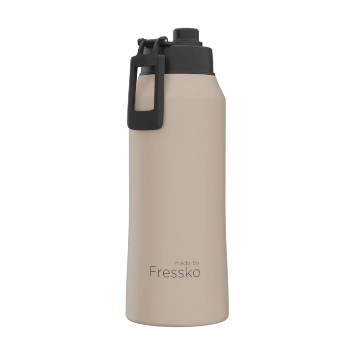 Beige water bottle with black cap and handle on a white background, branded &