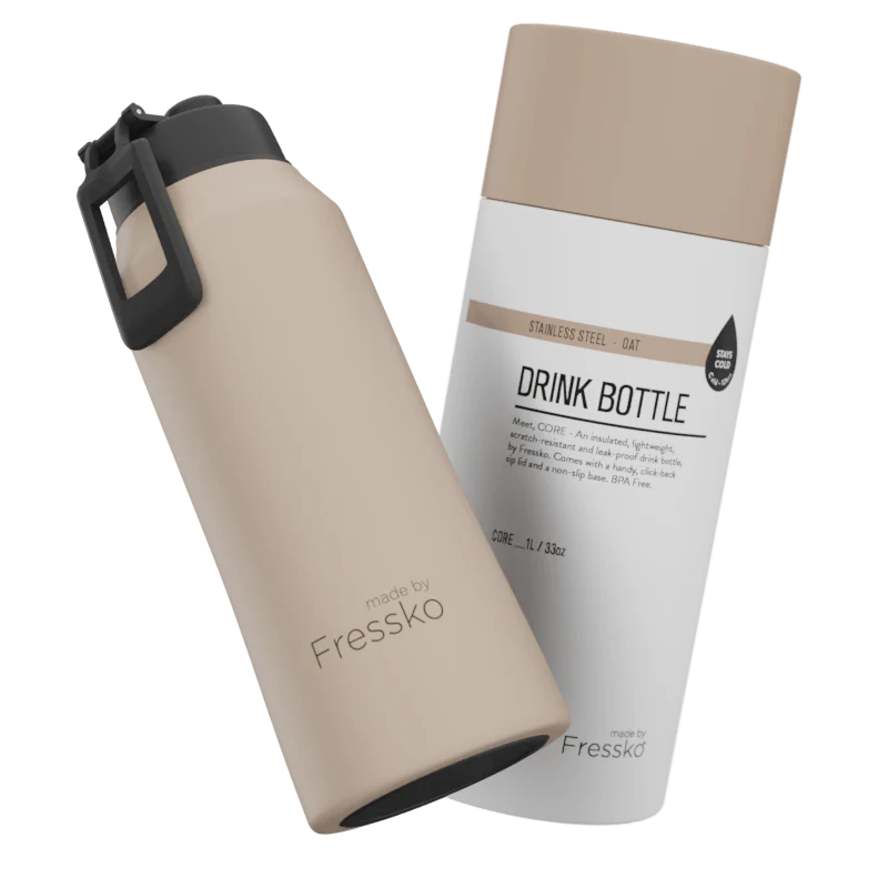 Two Fressko drink bottles, one beige and one white with black text, on a white background.