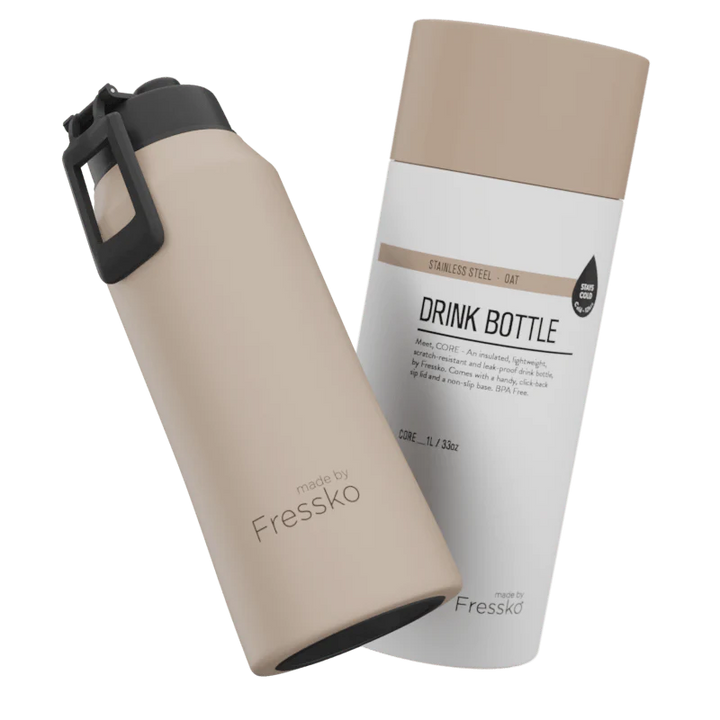 Two Fressko drink bottles, one beige and one white with black text, on a white background.