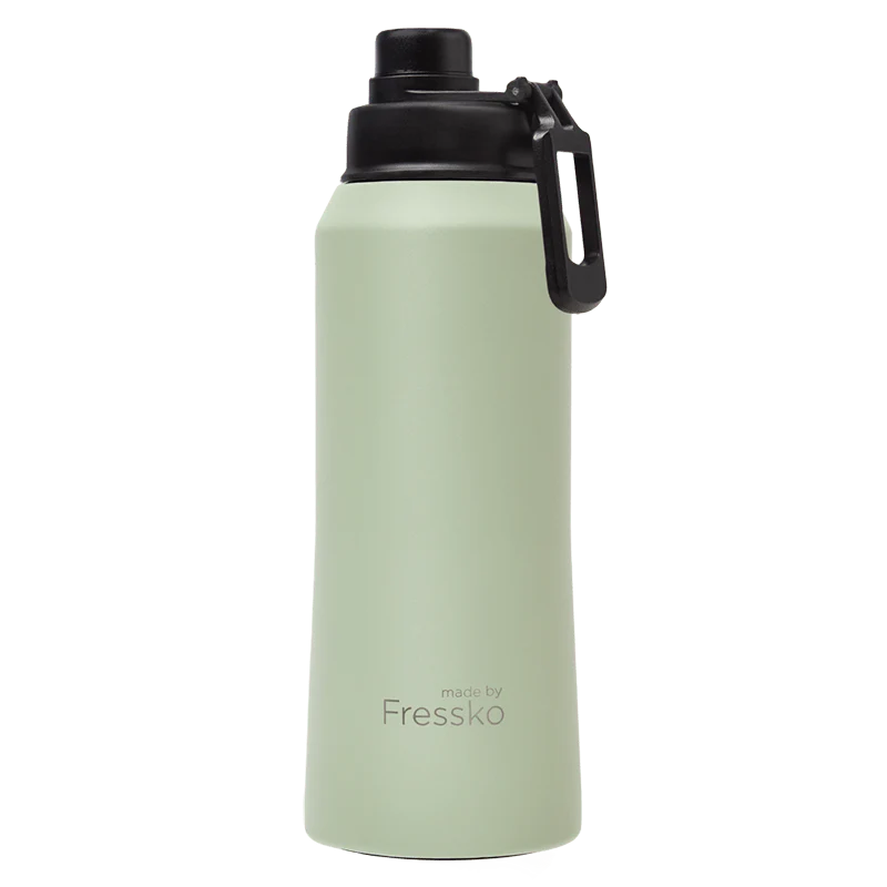 Light green water bottle with black cap on a white background, branded &