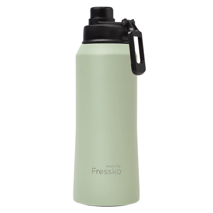 Light green water bottle with black cap on a white background, branded &