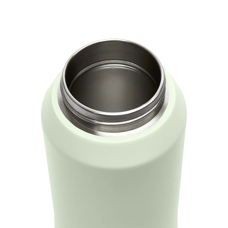 White thermos with silver interior on a white background