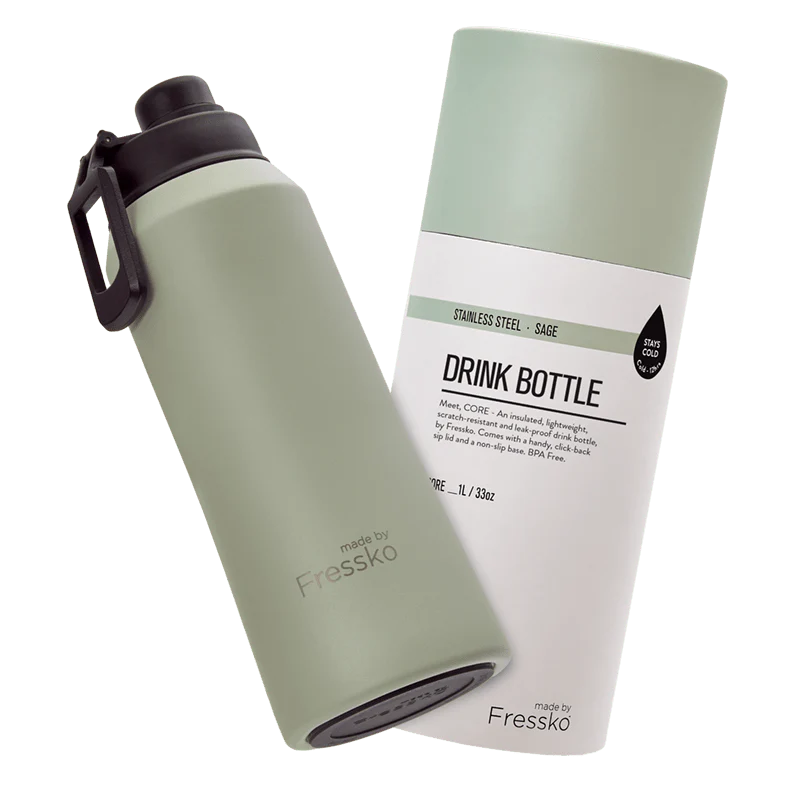 Green drink bottle with a white label on a white background