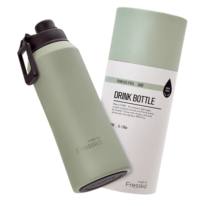 Green drink bottle with a white label on a white background