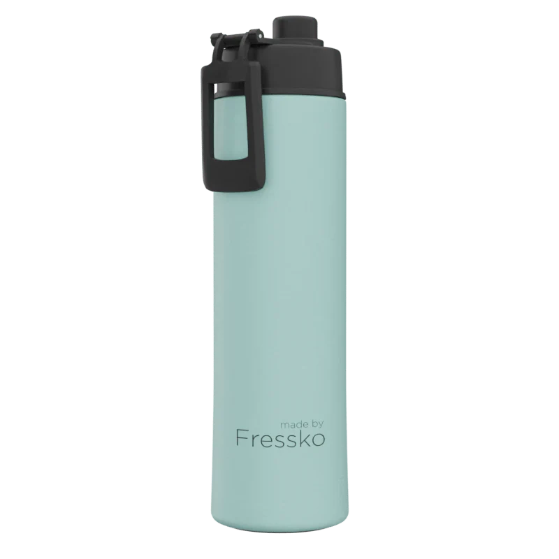 Mint green water bottle with black cap on a white background, branded &