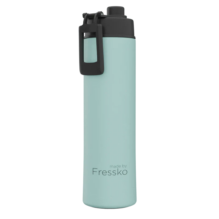 Mint green water bottle with black cap on a white background, branded &