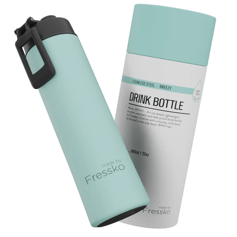 Mint Green water bottle and packaging on a white background