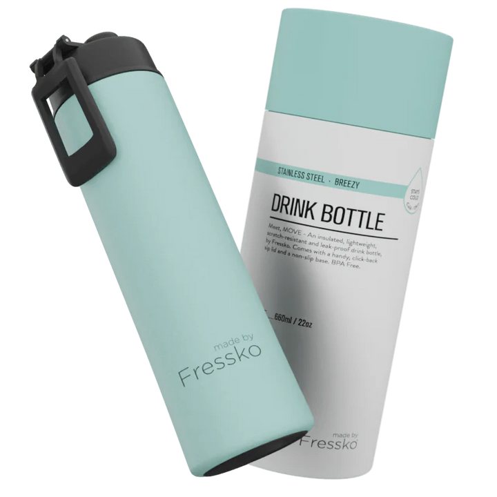 Mint Green water bottle and packaging on a white background