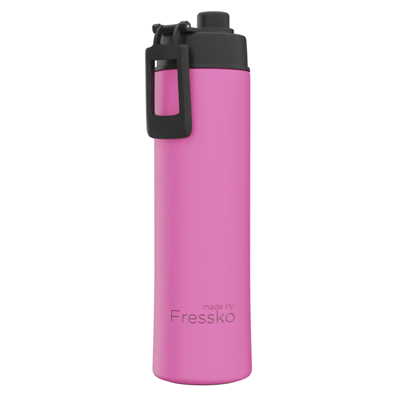 Pink water bottle with black cap on a white background, branded &