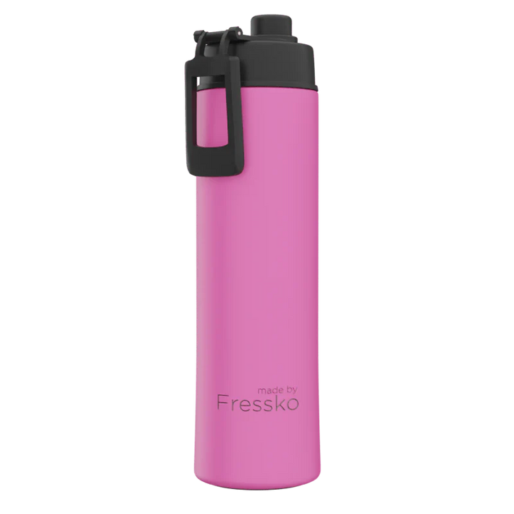 Pink water bottle with black cap on a white background, branded &