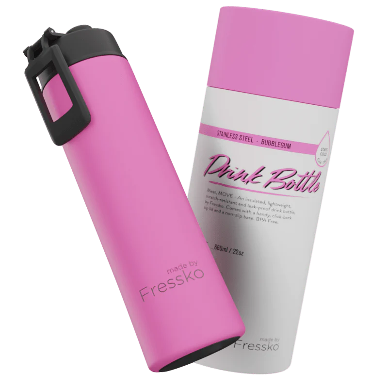 Pink water bottle with black cap and white label displaying &