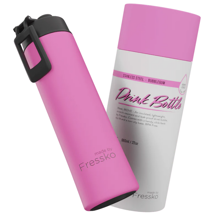 Pink water bottle with black cap and white label displaying &