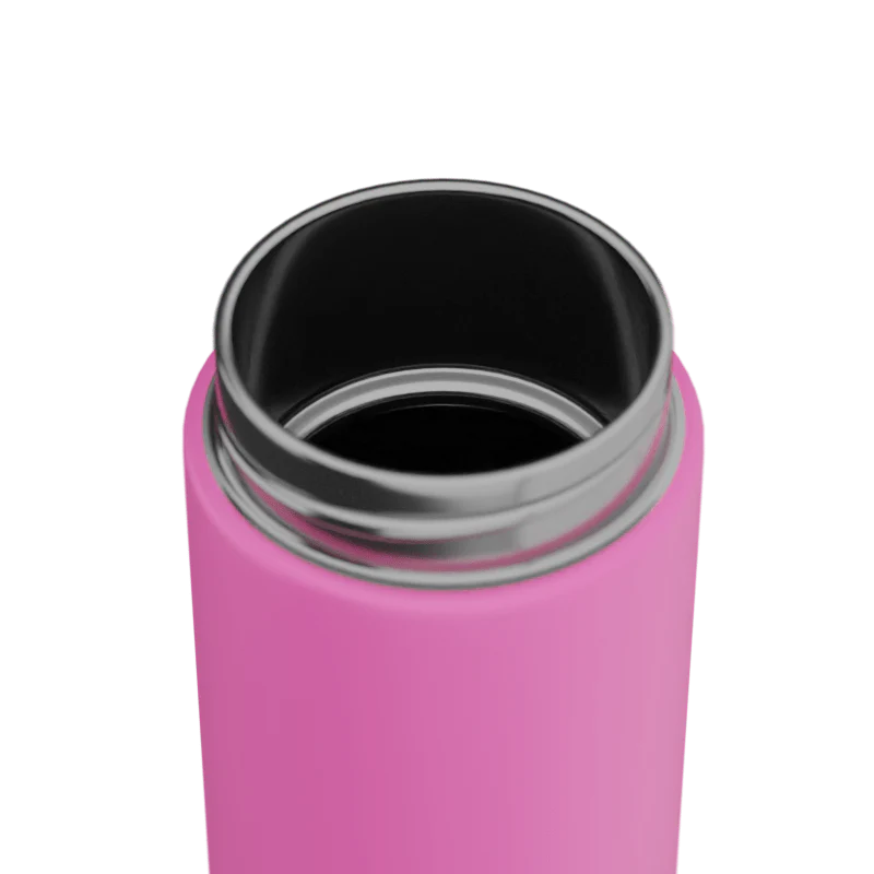 Pink thermos with silver lid on a white background