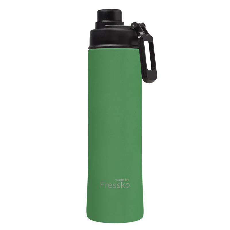 Green water bottle with black cap on a white background