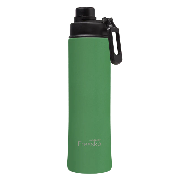 Green water bottle with black cap on a white background