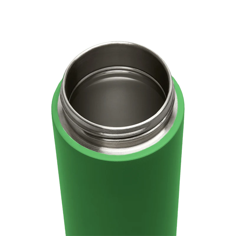 Green insulated bottle with silver lid on a white background