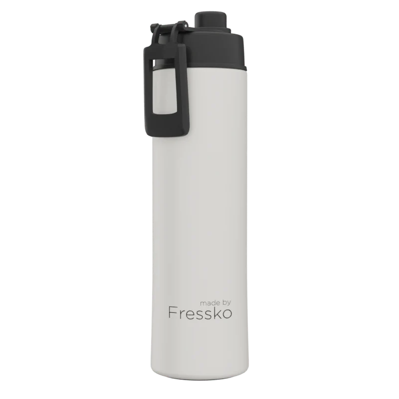 White water bottle with black cap on a white background, branded 'made by Fressko'.